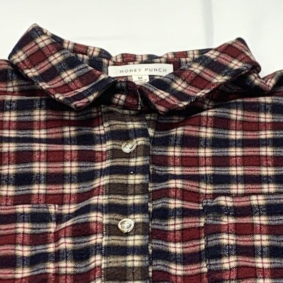 Honey Punch Shirt Womens Medium Red Black Plaid Button Up Long Sleeve Flannel - Picture 4 of 12